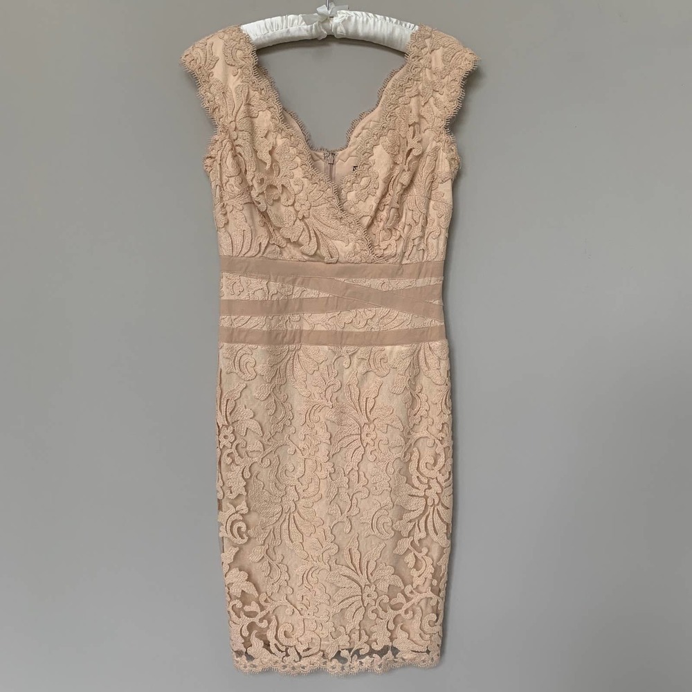 Tadashi Shoji Nude Lace Cap Sleeve Midi Dress